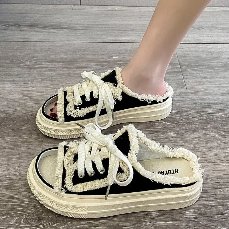 Fashion canvas women's slippers 2022 new summer outer wear fairy style thick bottom lace-up sandals