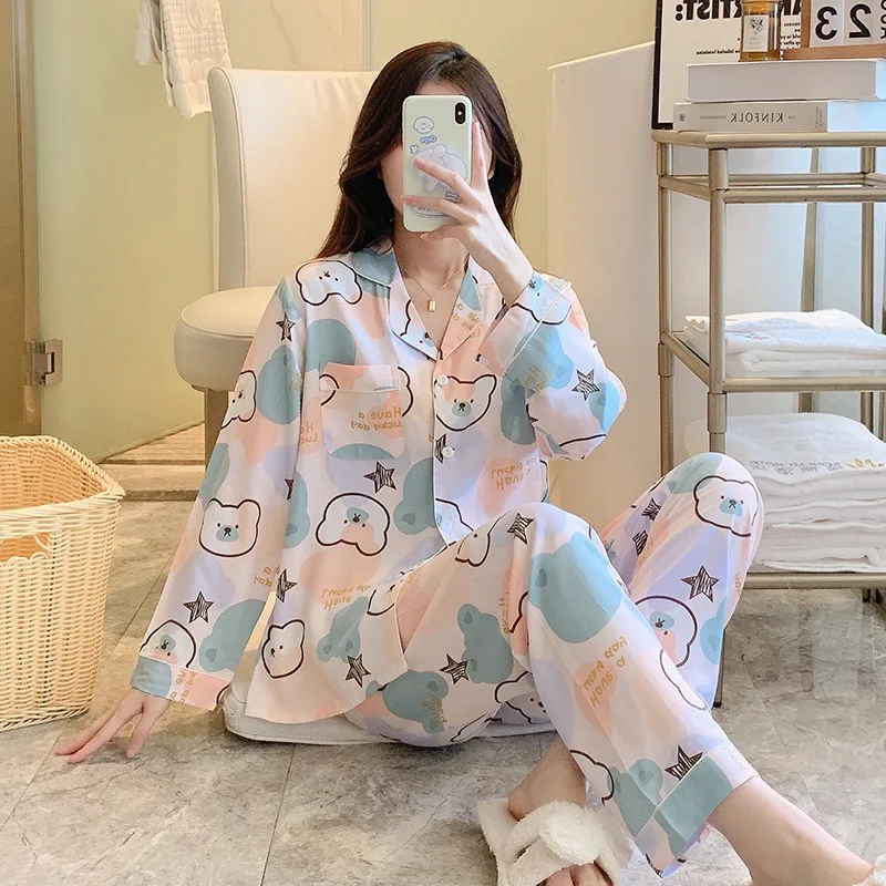 New Cotton Silk Pajamas Lady Spring  Autumn Long-sleeved Two-piece Set Cute Print Thin Cardigan Pyjamas Women