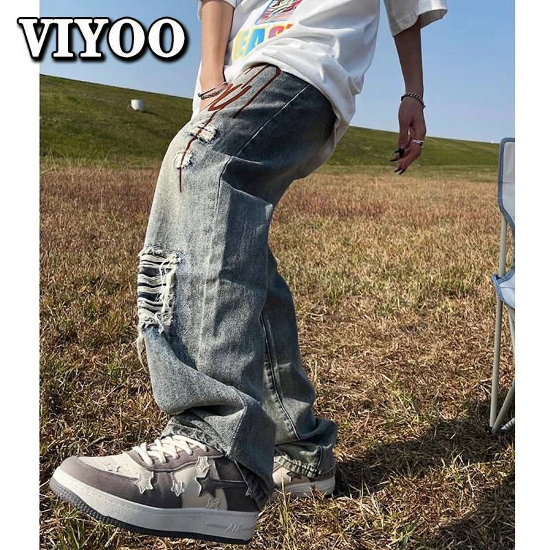 Men's Wide Leg Graffiti Baggy Y2K Ripped New Printed Long Jeans Male Straight Trousers Cowboy Denim Man Pants For Men Pantalones