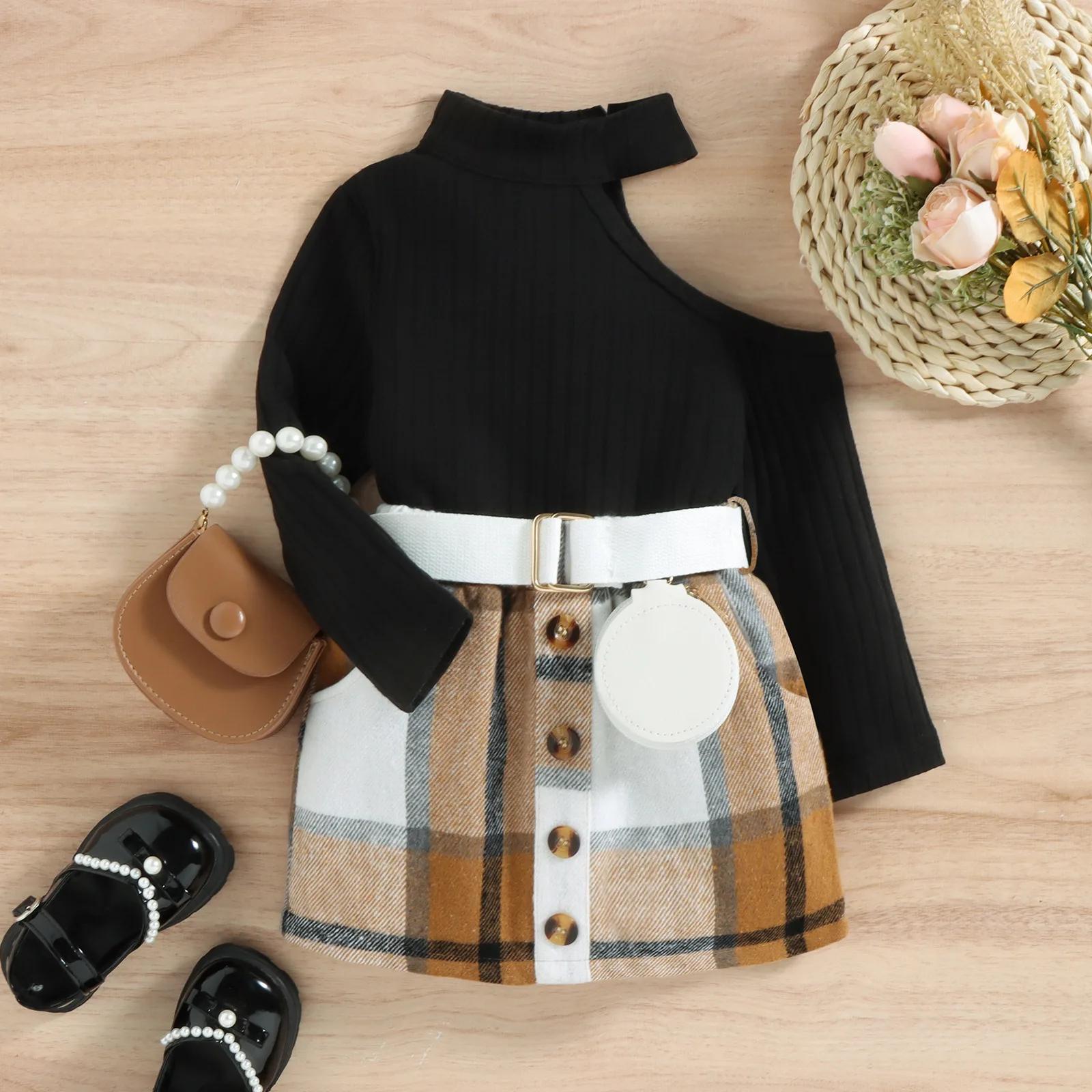 

Infant Baby Girls Outfit Set 2023 New Pit Strip Diagonal Shoulder High-neck Top Check Skirt Bag Girl's Set Baby Clothes