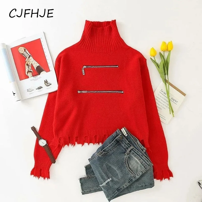 CJFHJE Укороченный свитер Y2K с высоким воротником женские вязаные пуловеры на