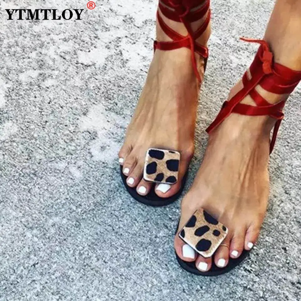 

Hot Sale Women Summer Flat Sandals Sexy Leopard Print Handmade Open Toe Sandals Flip-Flops Plus Size 35-43 Ankle-Wrap