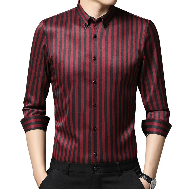 2022 New Stretch Business Shirt Stripe Long Sleeve Casual Trim Youth Long Sleeve Shirt Four Seasons No-iron Men's Shirt