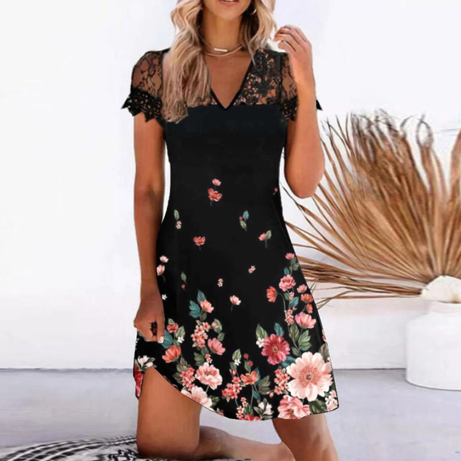 

Womens Summer Fashion Casual Dress Lace Sleeve Dress Eyelet Dresses for Women