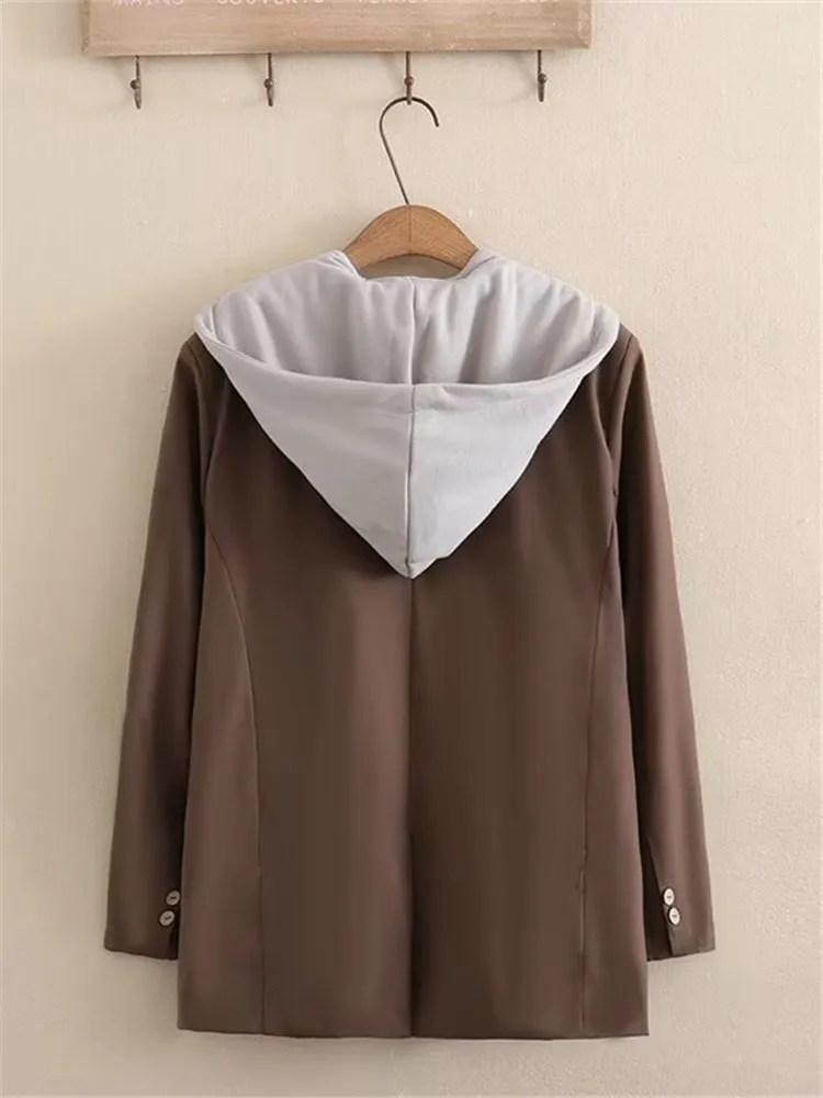 Плюс Размер Женский Блейзер С Капюшоном Длинным Рукавом Новый Лацкан Двубортный