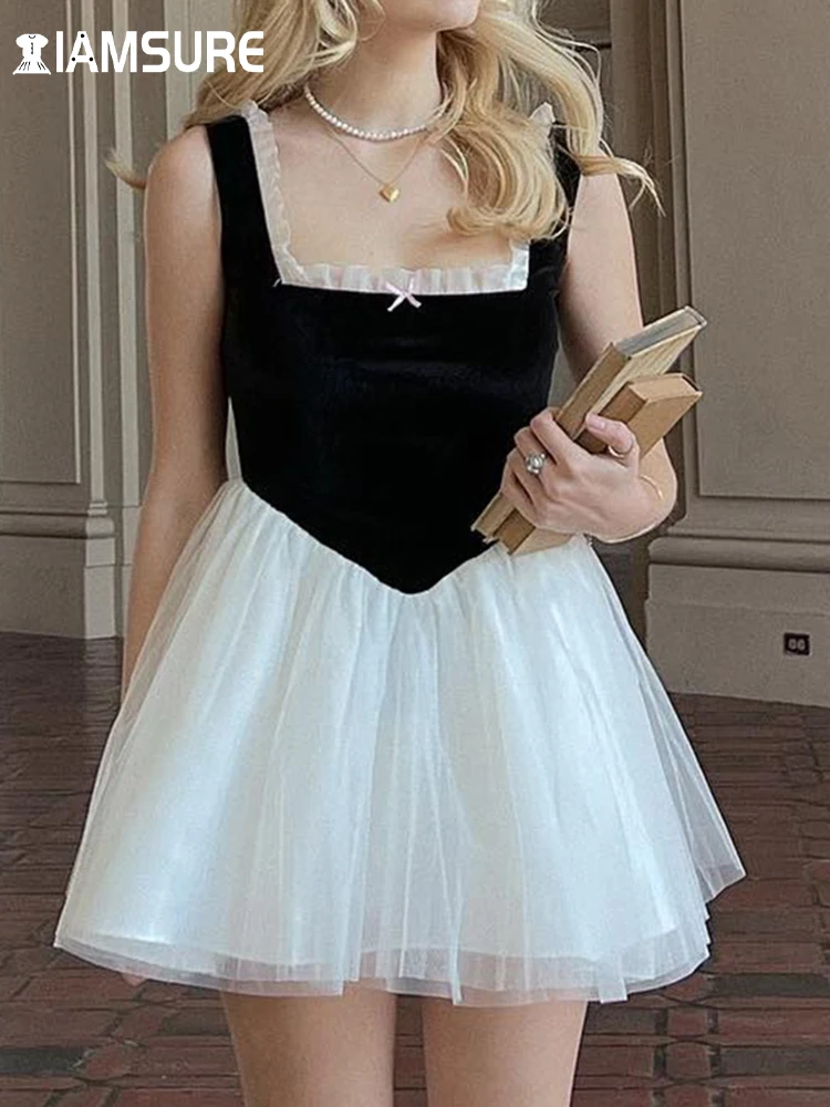 

IAMSURE Balletcore Lace Trim Patchwork Mesh A-Line Dress Slim Sweet Cute Slash Neck Sleeveless Mini Dresses For Women 2023 Lady