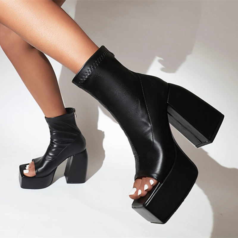 Daily Casual Shoes Ankle Boots Thick High Heel Platform PU Leather Boots for Women Peep Toe Heels Shoes Back Zipper