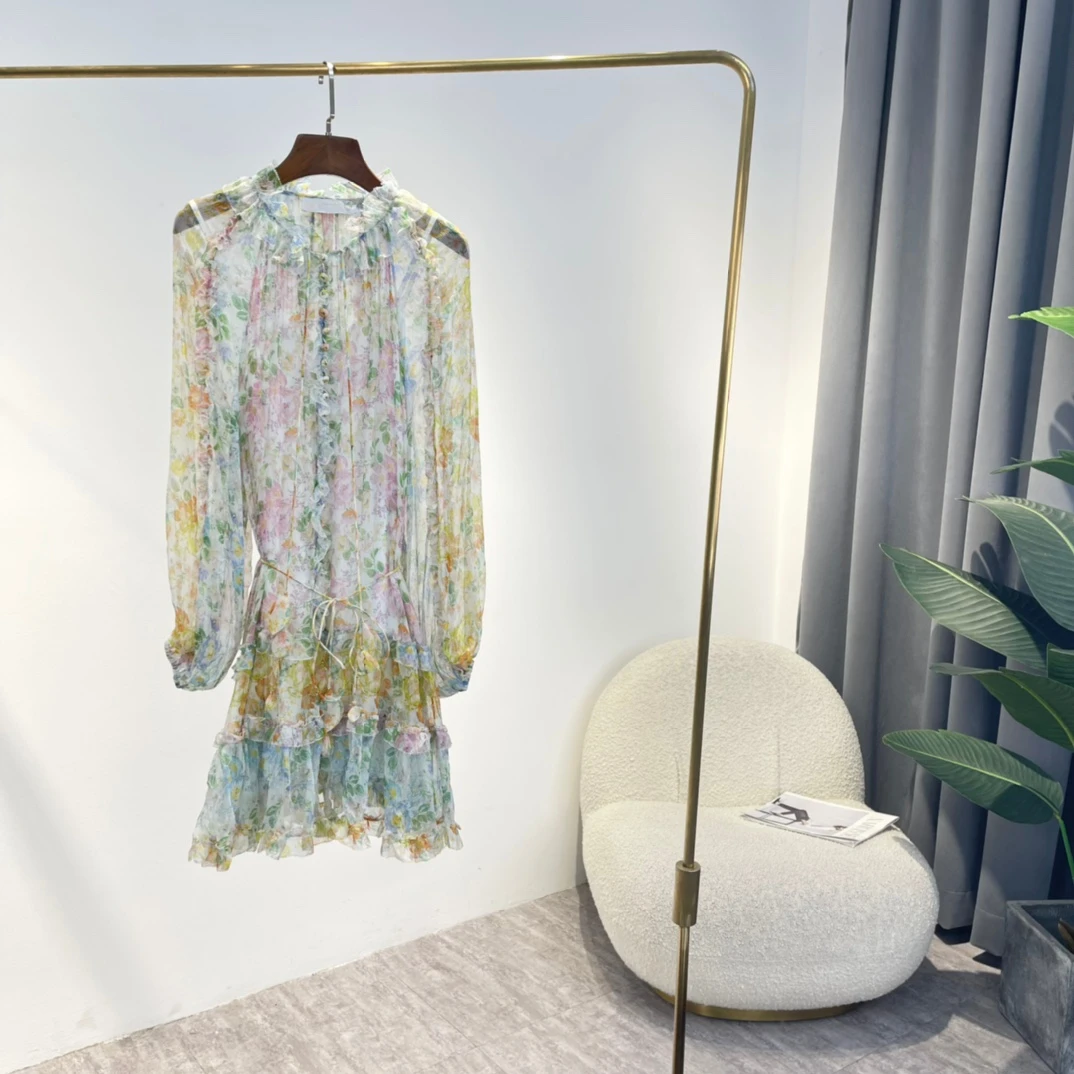 

2022 Summer Top Quality Silk Loose Ruffle Hem New Prairie Chic Green Yellow Floral Printing Folds Mini Dress with Thin Belt