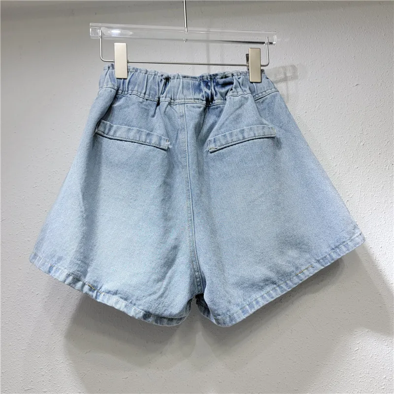 2023 Summer New Heavy Industry Butterfly Flower Drawstring High Waist Slimming Wide-Leg Denim Shorts Women
