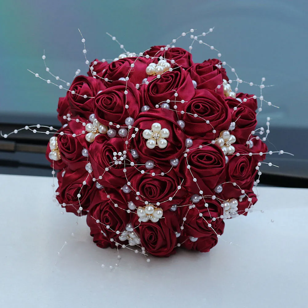 

In Stock Elegant Pearl Pure Color Satin Rose Bride Bouquet Rhinestone Wedding Bridal Gift Handmade Beautiful Silk Flower Bouquet