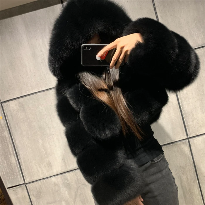 Lavelache Real Fox Fur Bare Midriff Short Coat Hooded Winter Luxury Fur Clothes Women Natural Fur Jacket enlarge