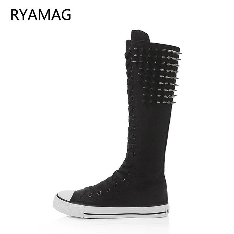 Ryamag 2022 новые женские парусиновые сапоги длинные с заклепками обувь на плоской