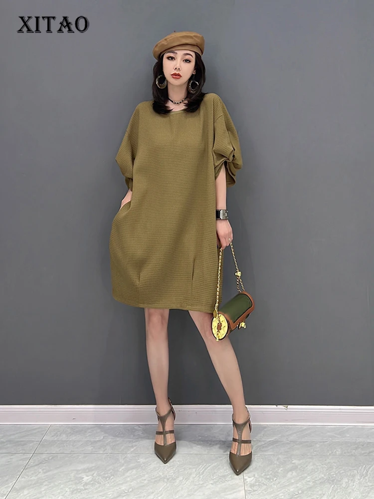 

XITAO Simplicity Casual Dress Loose Fashion Folds Splicing O-neck Puff Sleeve Women New Solid Color Temperament Dress WLD8583