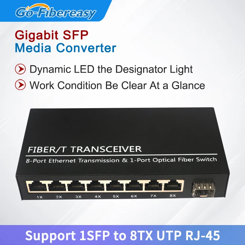 Gigabit SFP Media Converter SFP Fiber to 8port RJ45 Network Ethernet Fiber Switch 1000Mbps 1G8E Fiber Optical Transceiver