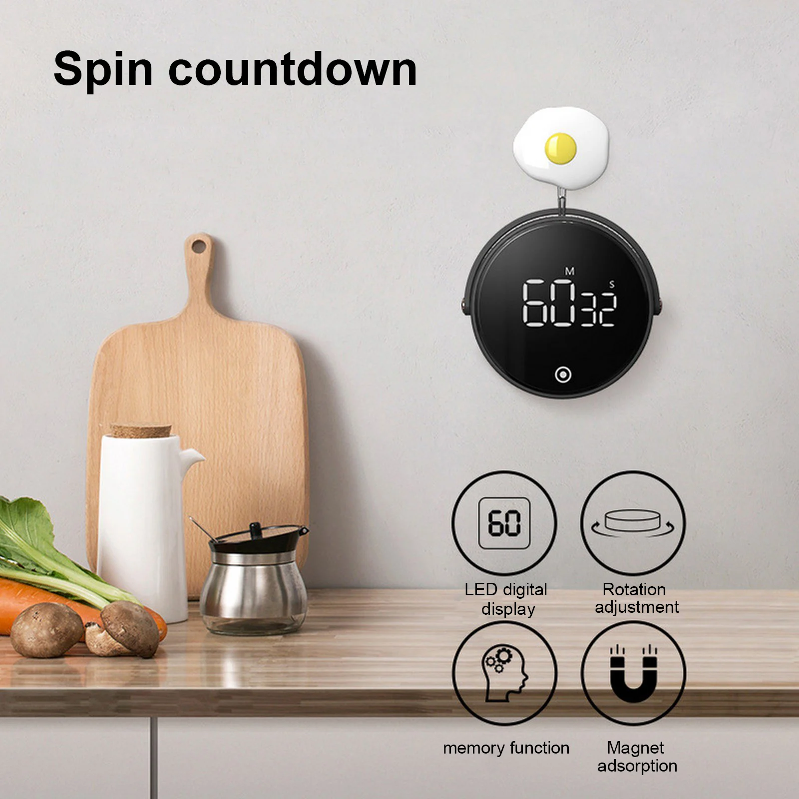 

Регулируемый таймер обратного отсчета с углом обзора 80 °, экран с дисплеем, 3 режима, регулировка громкости, поворотный таймер для дома и кух...
