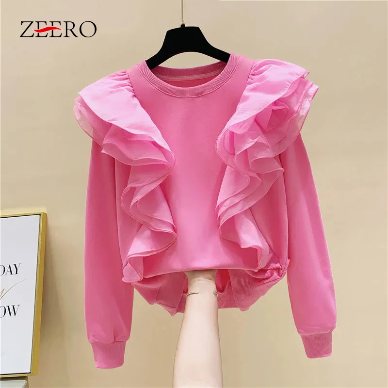 

Sweet Women Sweatshirt Spring Hoody Korean Loose Tops Fashion Ruffled Long Sleeve Casual Sweatshirts Pullover Hoodie