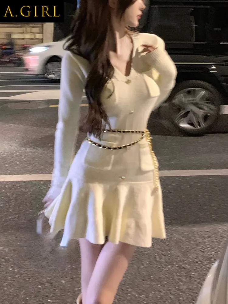 

Knitted Sweater Dress Women Elegant Y2k Mini Dress Party Pure Color One Piece Dress Korean Fashion Casual Design 2022 Autumn