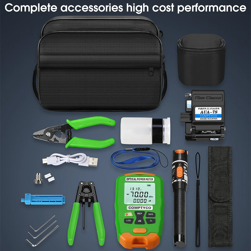 FTTH Fiber Optic Tool Kit with AUA-7S Fiber Cleaver AUA-DC7/AUA-DC5 Rechargeable Mini Optical Power 10MW Visual Fault Locator