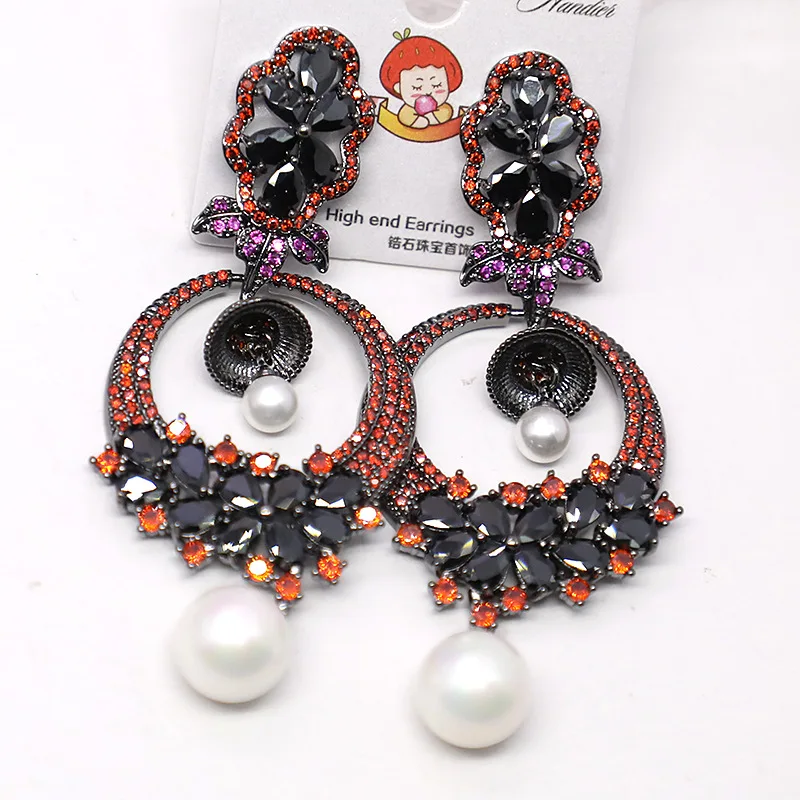 Brand Design Fashion Circle Pearl Eardrop For Women Brand Floral Bell Dangle Earings Gold Plated Cubic Zirconia Jewelry