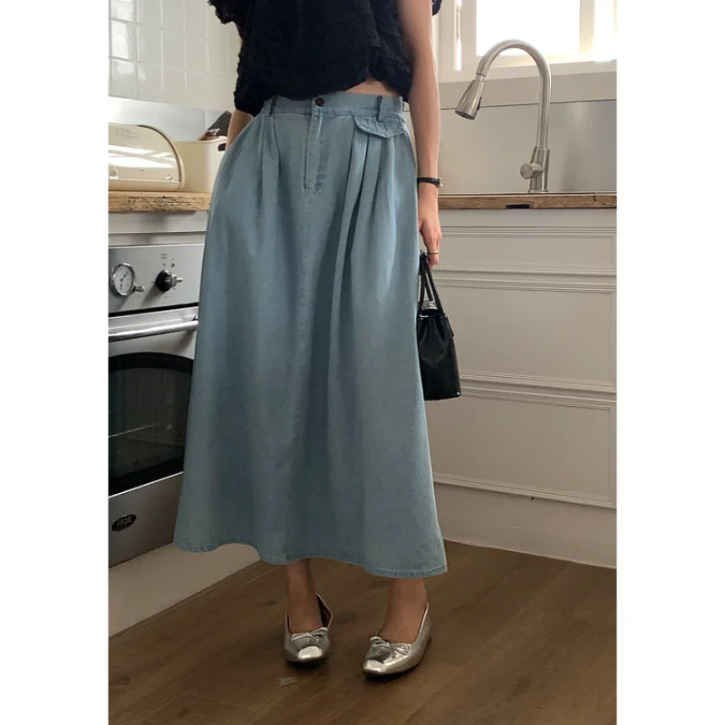

Новая прямая джинсовая юбка с высокой талией, Женские повседневные длинные трапециевидные юбки с завышенной талией, Офисная женская синяя джинсовая юбка для женщин
