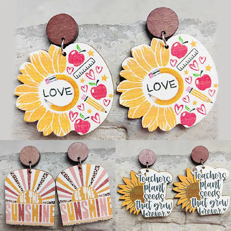 

Teacher Wooden Earrings Pencil Apple Love You Is My Sun Thank You Earrings Sunflower Earrings Valentine's Day Gift Jewellery