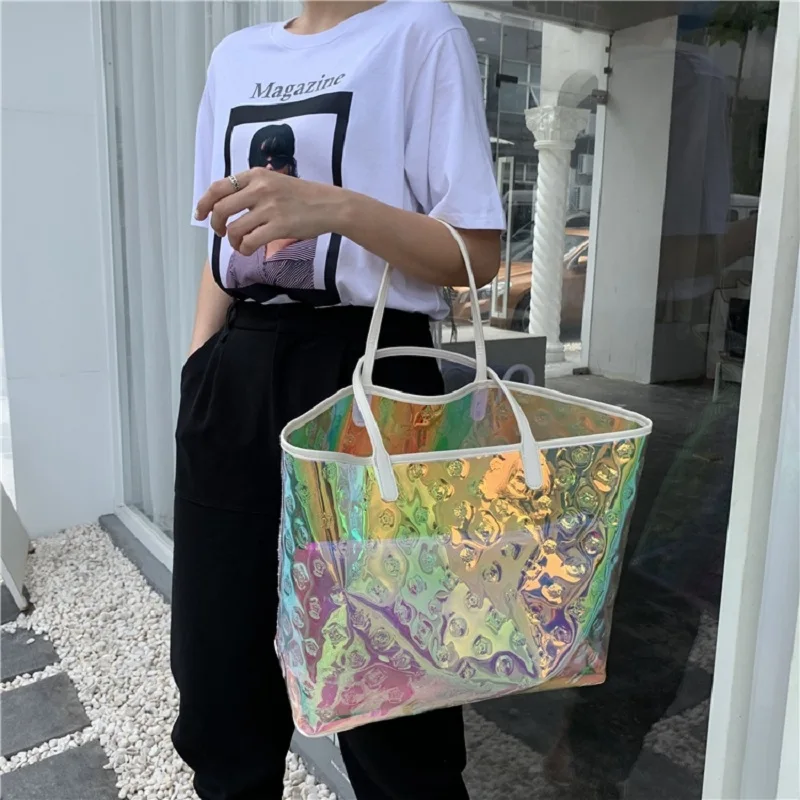 Fashion Rainbow Transparent Women's Tote Bag Colorful Large Summer Portable Laser Shopping Handbag Big Female Beach Travel Bag