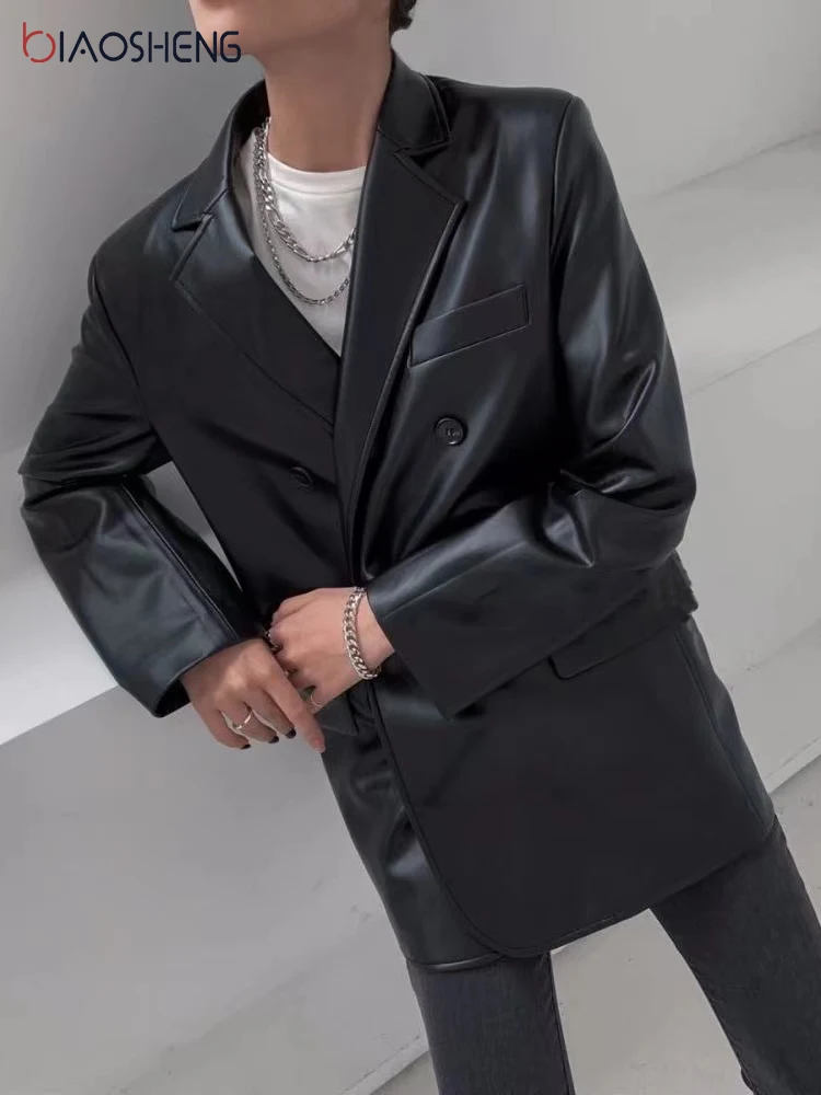 Vintage 90s Leather Jacket Women's Black Y2K Autumn Winter Leather Coat Baggy Female Clothing High Street Wild Jacket Streetwear