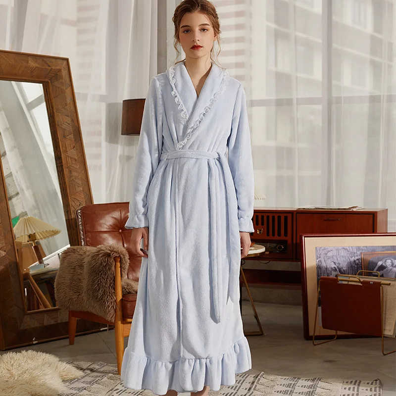Roseheart New Winter Luxury Pink Blue Pajama Sexy Women Robe Sleepwear Flannel Nightwear Plus Size Keep Warm Bathrobe Sashes