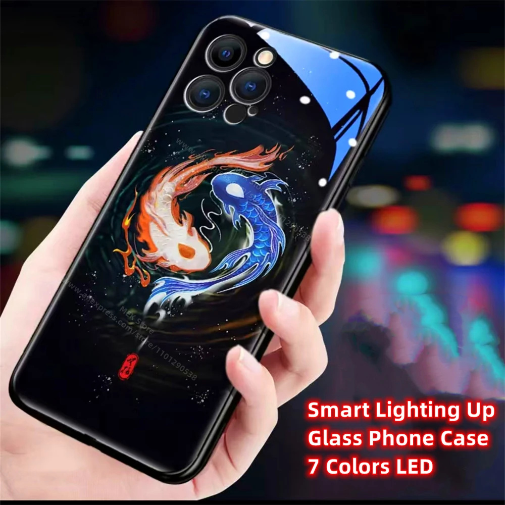 Чехол для телефона Dragon Totem Design Smart LED Light Glow из закаленного стекла iPhone 16 15 14 13 12 11 Pro Max