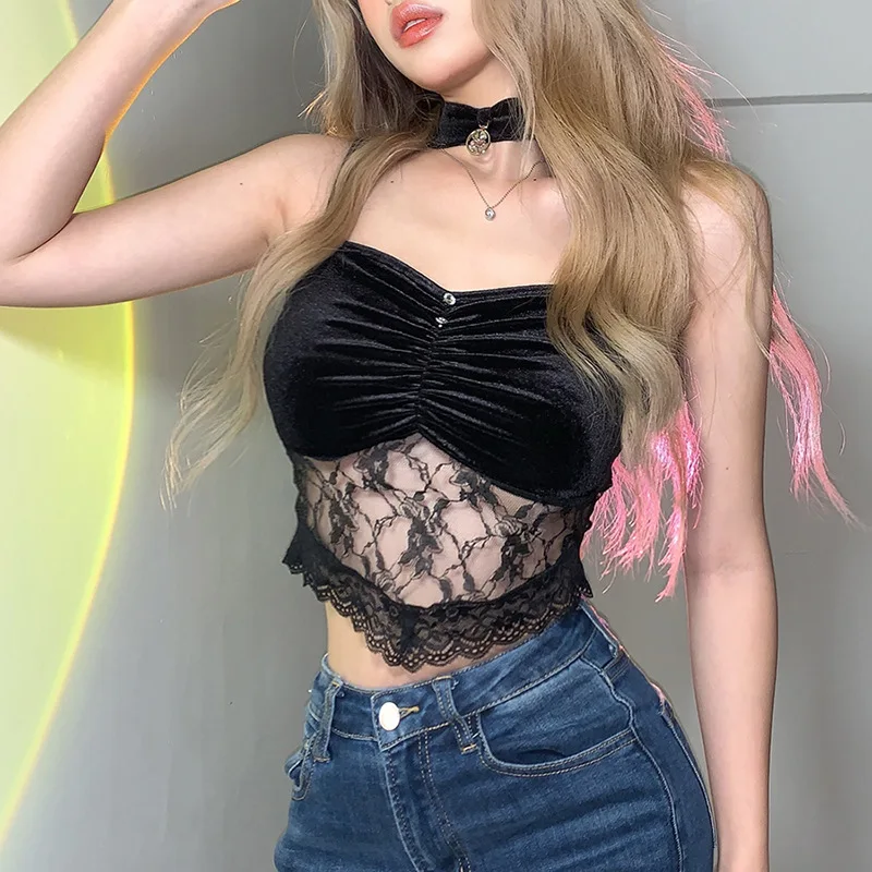 

E-girl Black Velvet Cami Top Lace Pathchwork Sleeveless Backless Corset Cropped Gothic Grunge Mall Goth Clothes Women Vest