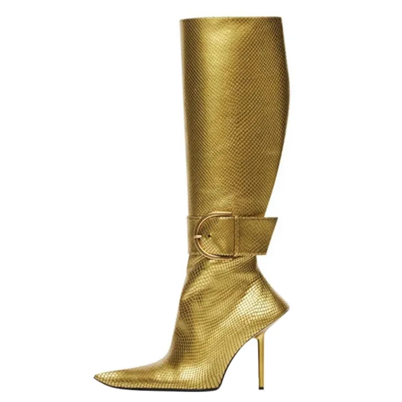 

Женские сапоги до колена с острым носком и металлической пряжкой, облегающие высокие сапоги на каблуке, сапоги больших размеров 35-43 с боковой молнией, женская обувь, туфли-лодочки