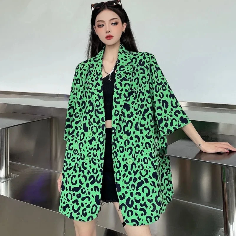 

Suit Jacket Women's Spring Summer Thin Leopard Print Loose Mid-length Short-sleeved Small Suit Top Ins Tide Streetwear Outerwear