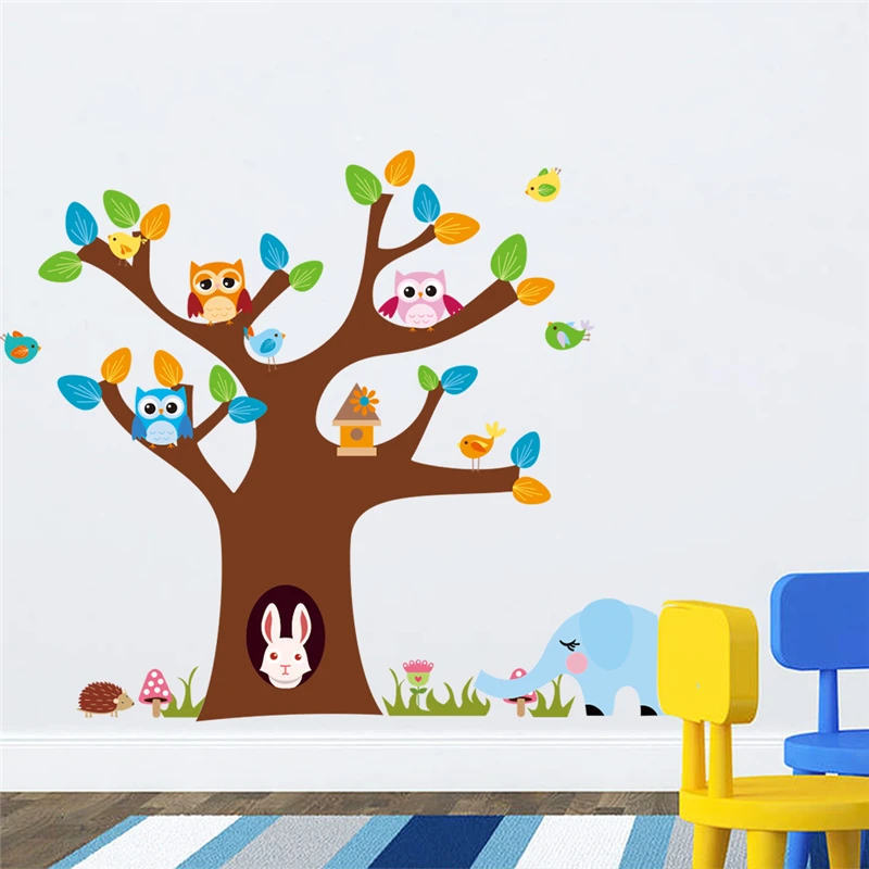 

Cute Owlet Colorful Tree Wall Stickers For Kids Room Decorations Nursery Home Decal Removable Diy Cartoon Animal Wall Mural Art