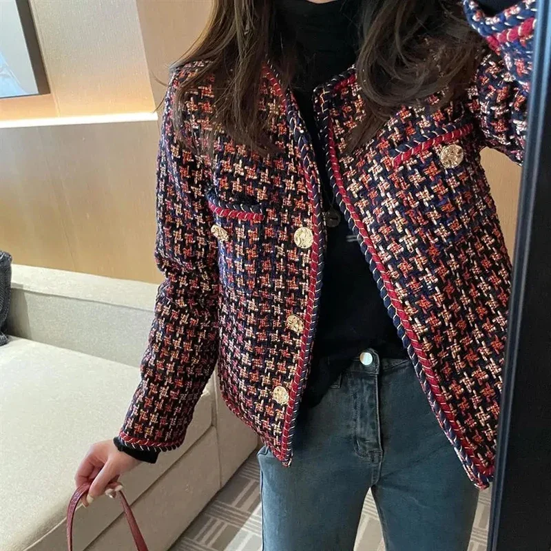 

Elegant Weave Plaid Women Blazer Pocket Plus Velvet Winter Causal Tweed Coat Office Ladies Suit Jacket Autumn and Winter 2023