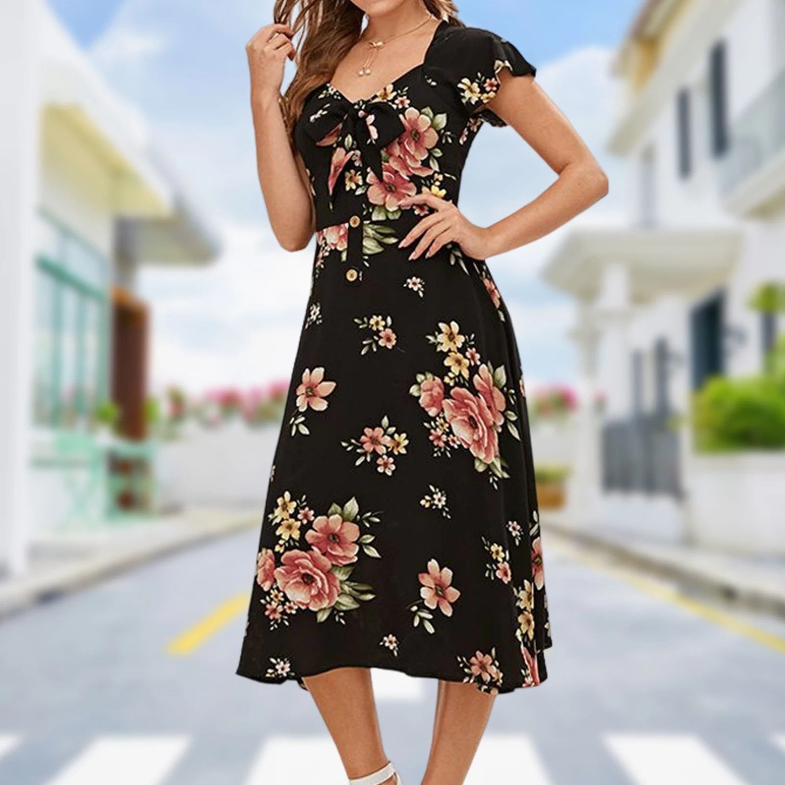 

Элегантные платья, Женское Платье макси с цветочным принтом на шнуровке, модное темпераментное Простое Повседневное богемное пляжное улич...