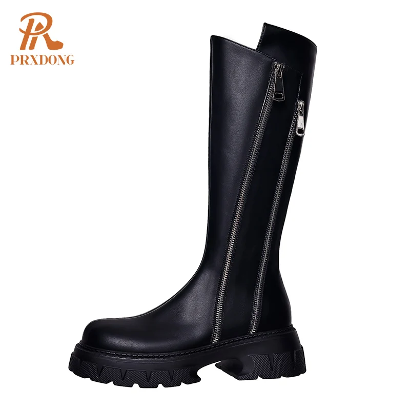 

PRXDONG Genuine Leather Autumn Winter Warm Shoes 2022 New Arrival zipper Black Brown Dress Casaul Female Knee High Chelsea Boots