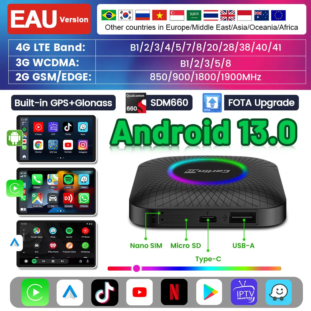 

2025 Carlinkit Carplay Ai Box Android 13 Sdm660 Android Auto беспроводной адаптер потоковая коробка для автомобиля поддержка Netflix Spotify Iptv