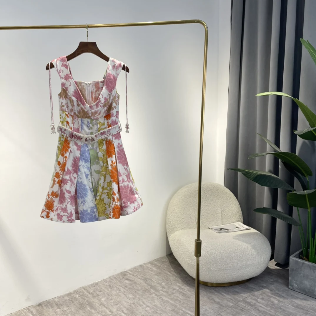 

2022 New Spring High Quality Linen Red Yellow Blue Floral Print Patchwork A-line Sleeveless Mini Dresses