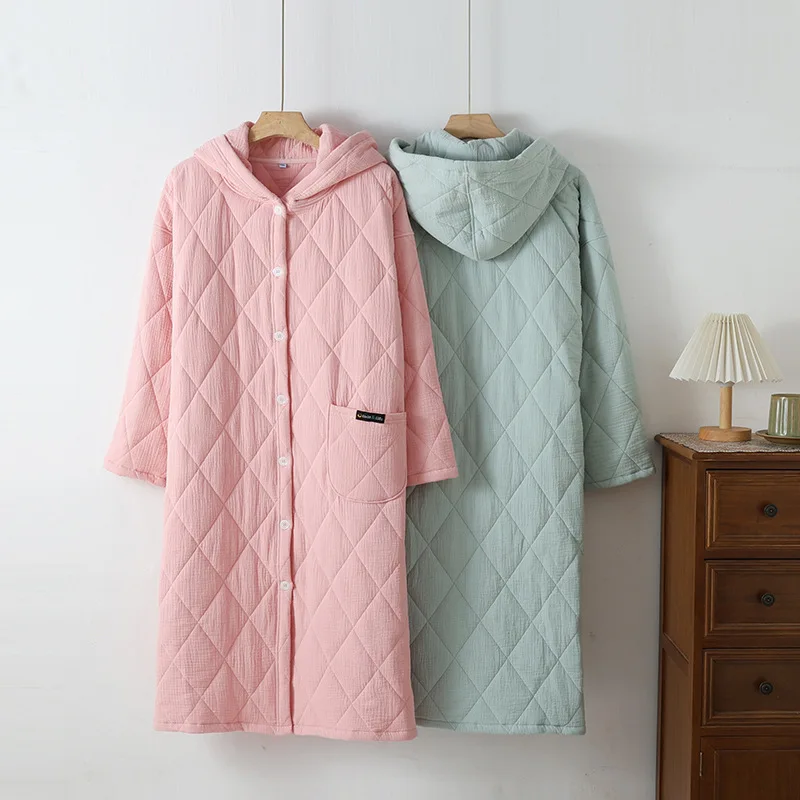 Осень-зима 2024 женский теплый хлопковый халат с наполнителем капюшоном длинными