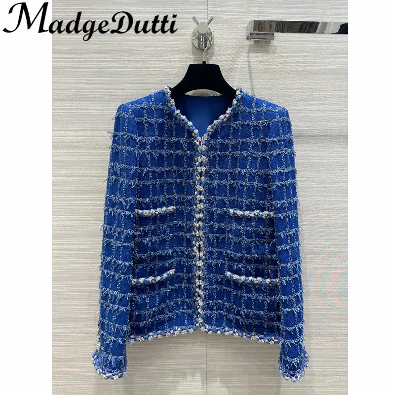 

Женская твидовая куртка MadgeDutti, роскошная синяя клетчатая куртка с шелковой подкладкой и круглым вырезом, 2,2