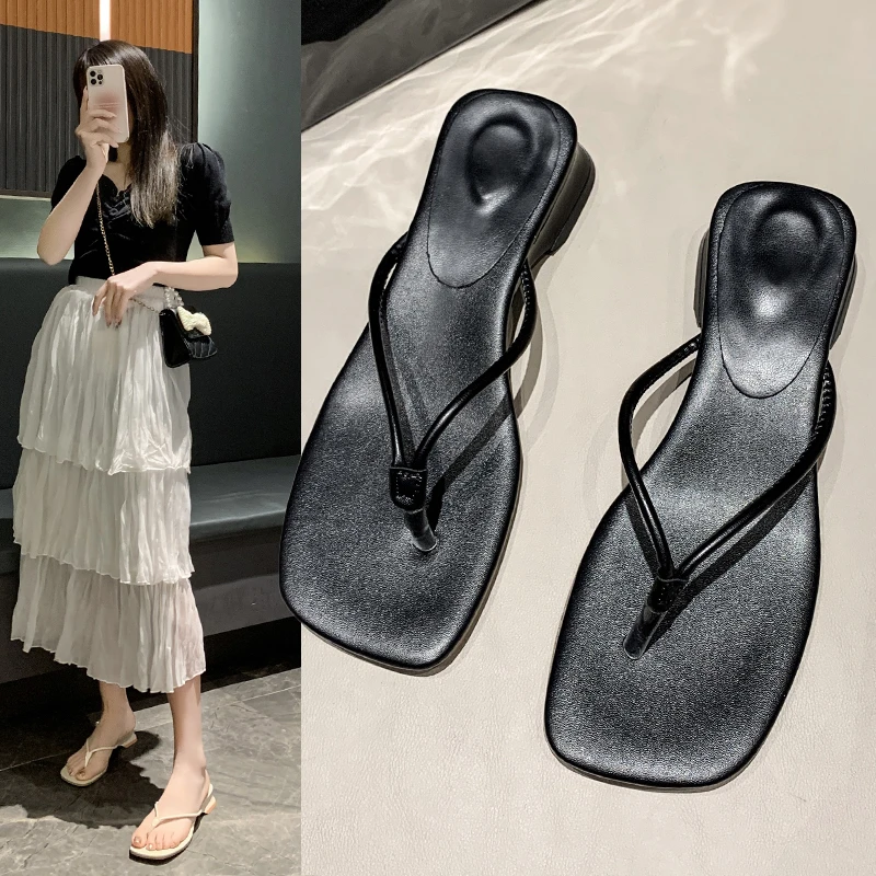 

Shoes Women Ladies' Slippers Luxury Slides Pantofle Square heel Beige Heeled Sandals Low Rubber Flip Flops Soft Designer 2022 B