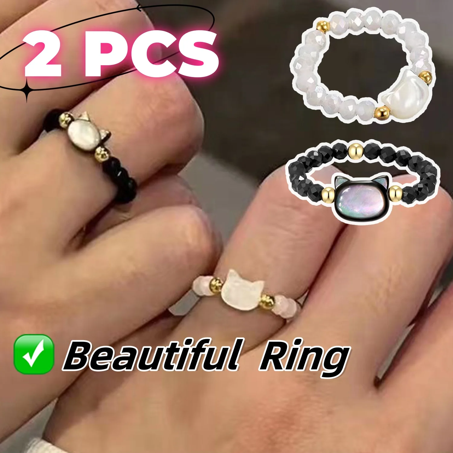 2 SZTUK czarno-biały pierścionek z kotem Naturalny kamień księżycowy Obsydianowe pierścionki Koraliki Minimalistyczny Fidget Kobiety Ręcznie