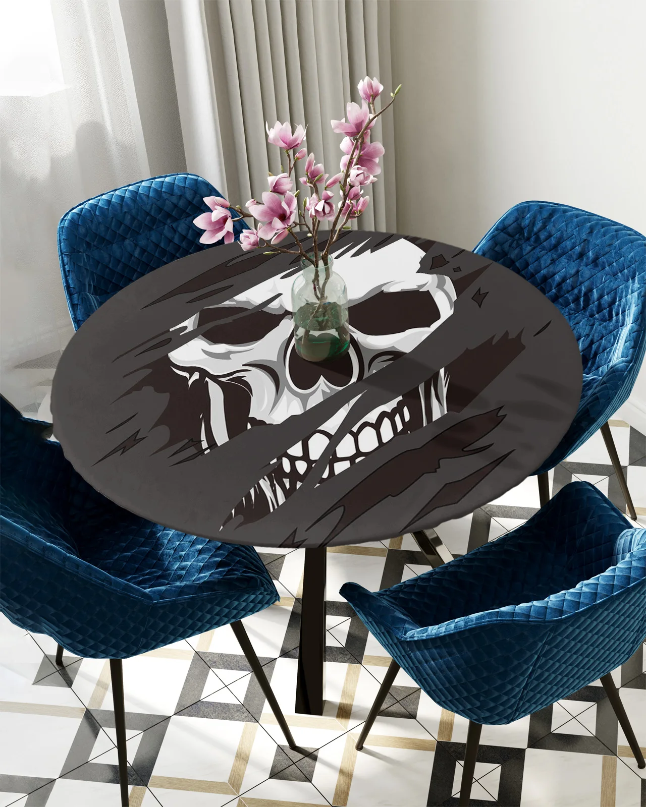 

Круглая скатерть с ужасным черепом и зубами, водонепроницаемая эластичная скатерть для дома, кухни, столовой