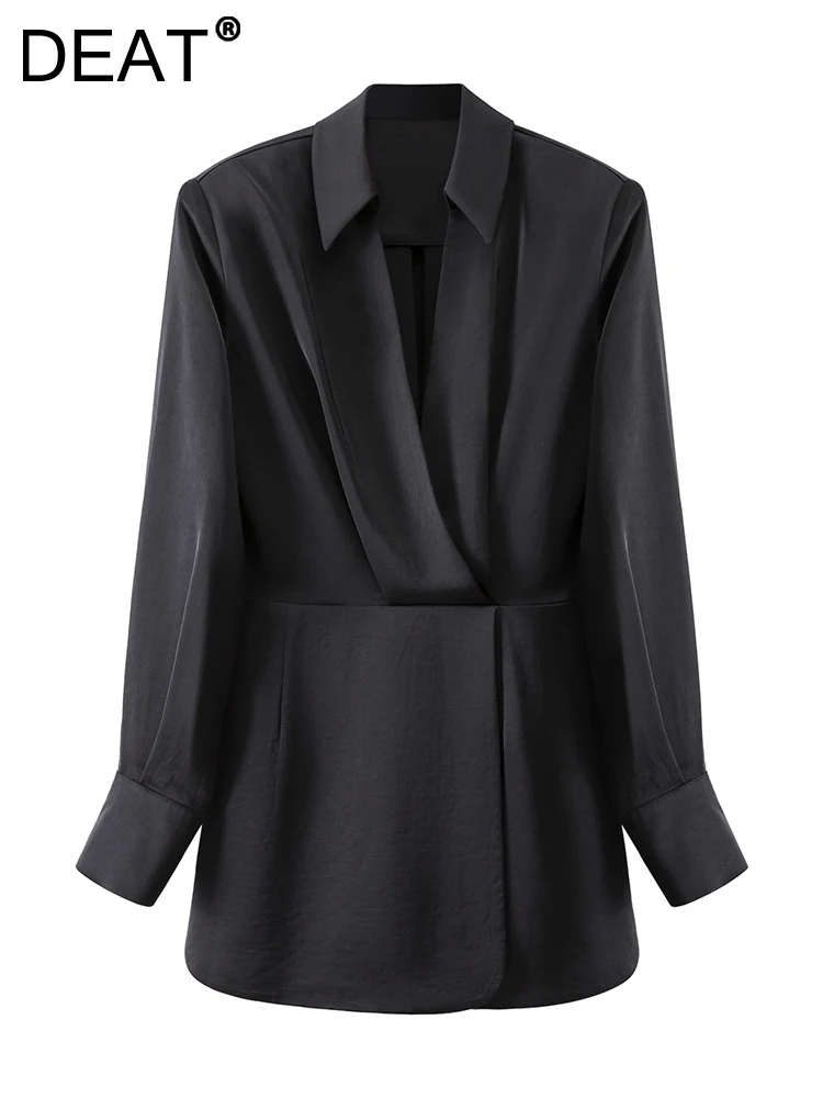 

DEAT Fashion Women Mini Dress Lapel Long Sleves Satin Finish Lined Folds Waist Solid Color Shirt Dresses Autumn 2023 New 7AB186