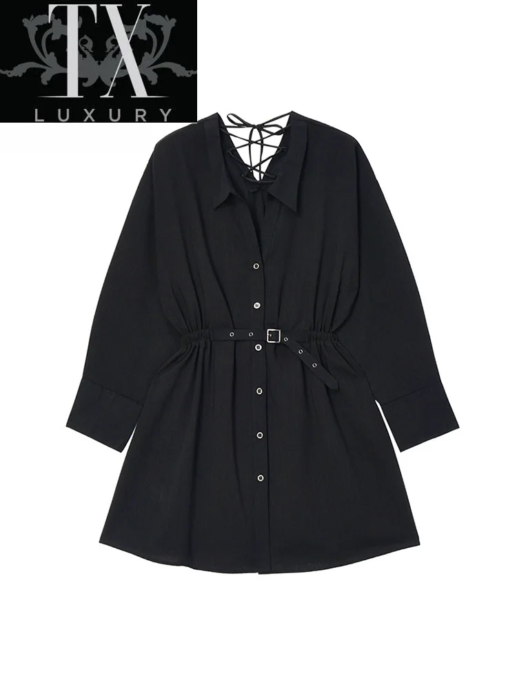 

Dresses Women Fashion Sexy Black Backless Lace Up V Neck Mini Shirt Dress Autumn Lady Singles Breasted Party Vestidos Femme