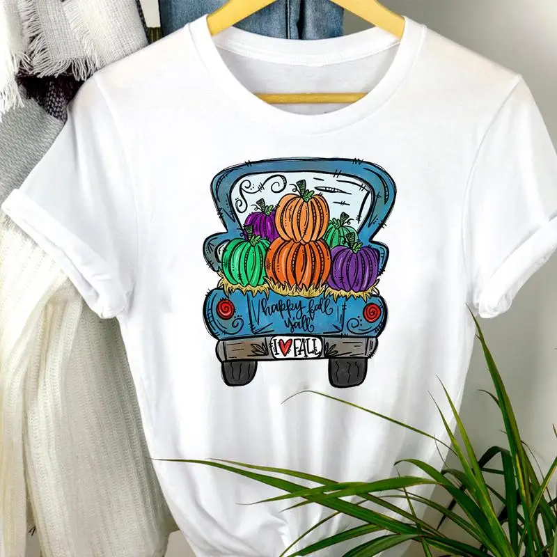 

Женская одежда 2021 стильная трендовая Милая Осенняя футболка с мультяшным принтом на Хэллоуин осень День благодарения 90-х годов женская фут...