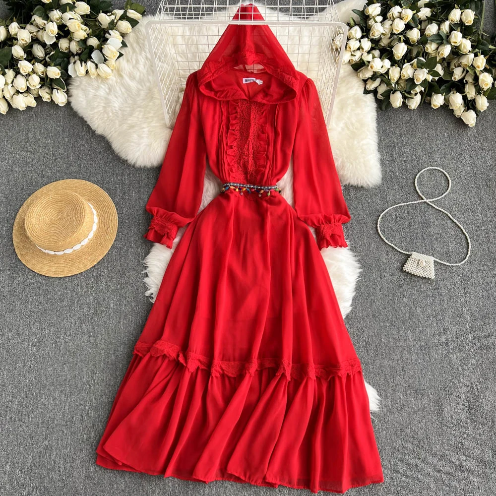 

Spring Summer Indie Folk Women Red Hooded Long Maxi Dress Elegant Ruffle Big Swing A-Line Vacation Beach Dresses New Fashion