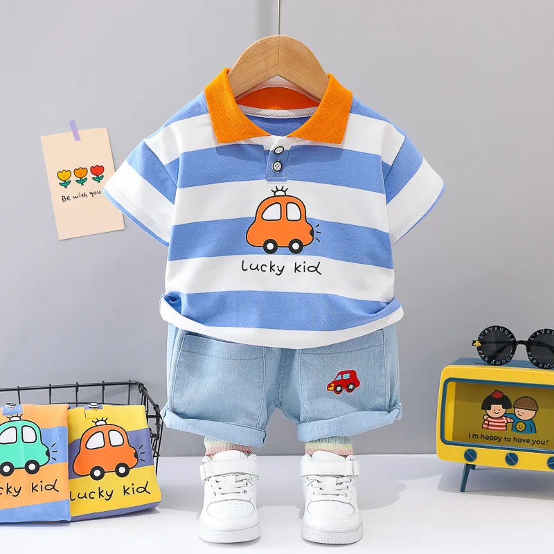 

Kids Fashion Summer Stripes Lapel Cartoon Cute Car Short Sleeve Sports Shorts 2-piece Set 1 2 3 4 Years Toddler Boy Clothes