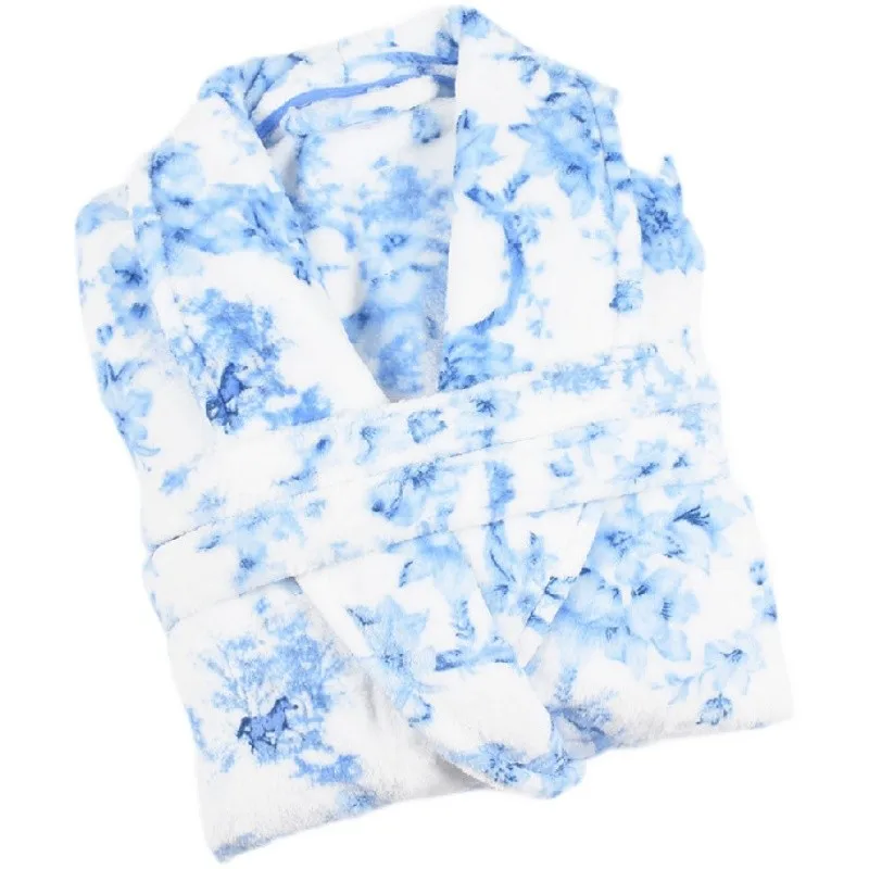 Ladies Pajamas Winter Flannel Robe Print Fashion Warm And Thick Nightgown