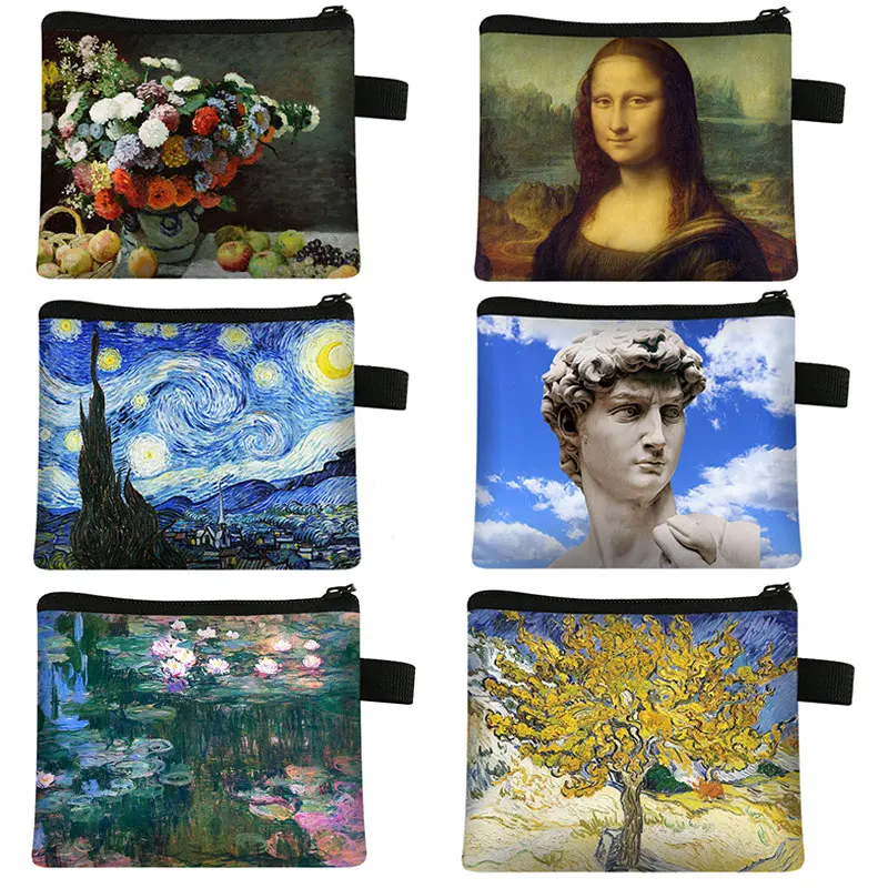 

Oil Paint Mona Lisa Coin Purse Water Lily Ladies Wallet Money Coin Bag Starry Night David Handbag Girl Purse Keychain Holder Bag
